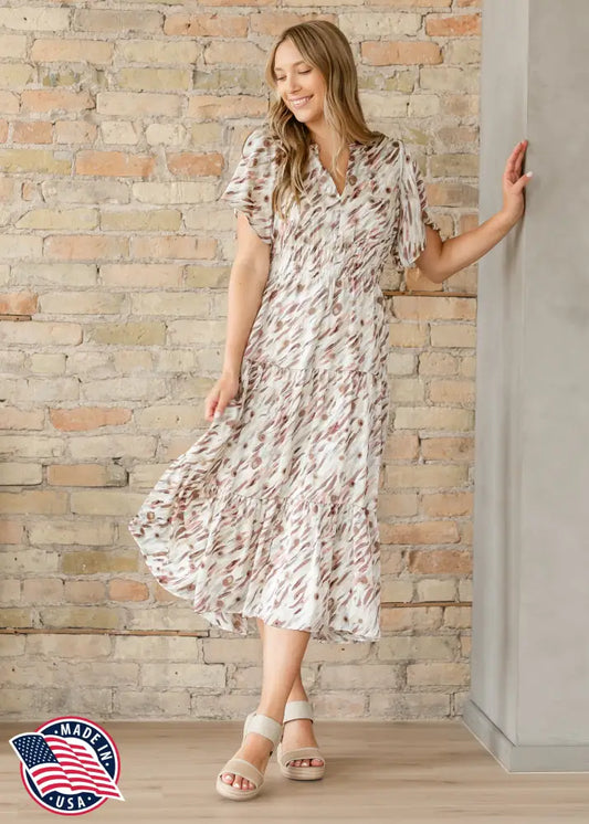 Gina Pink Abstract Short Sleeve Midi Dress IC Dresses