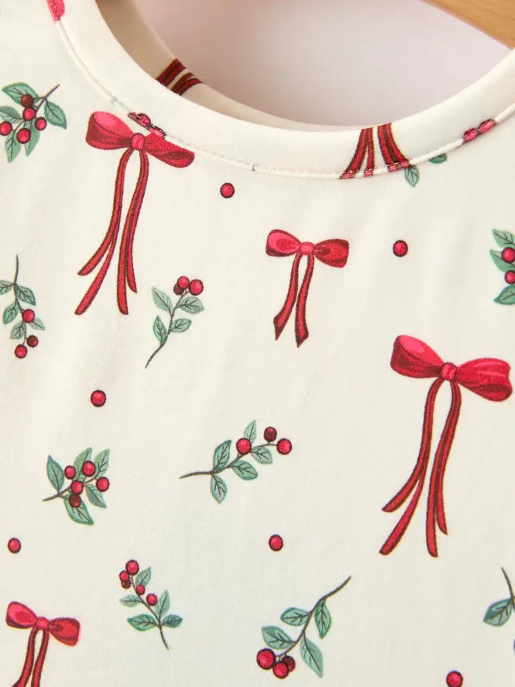 Girls Christmas Bow & Berry Print Twirl Dress - Dress