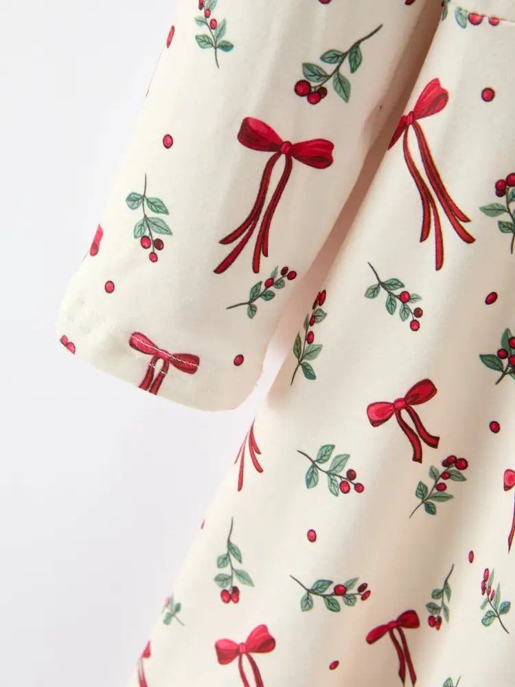 Girls Christmas Bow & Berry Print Twirl Dress - Dress