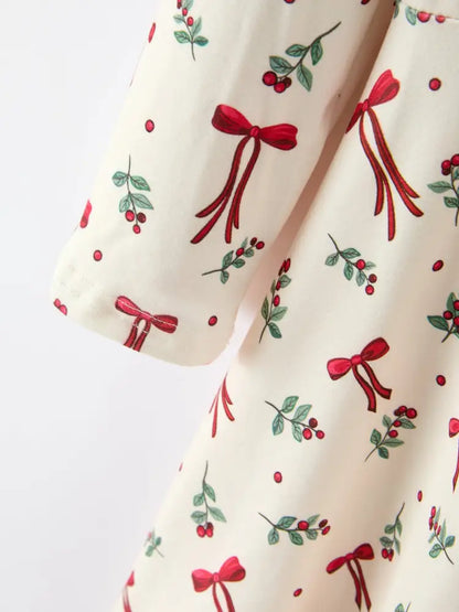 Girls Christmas Bow & Berry Print Twirl Dress - Dress