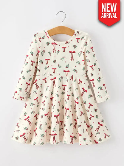 Girls Christmas Bow & Berry Print Twirl Dress - Dress