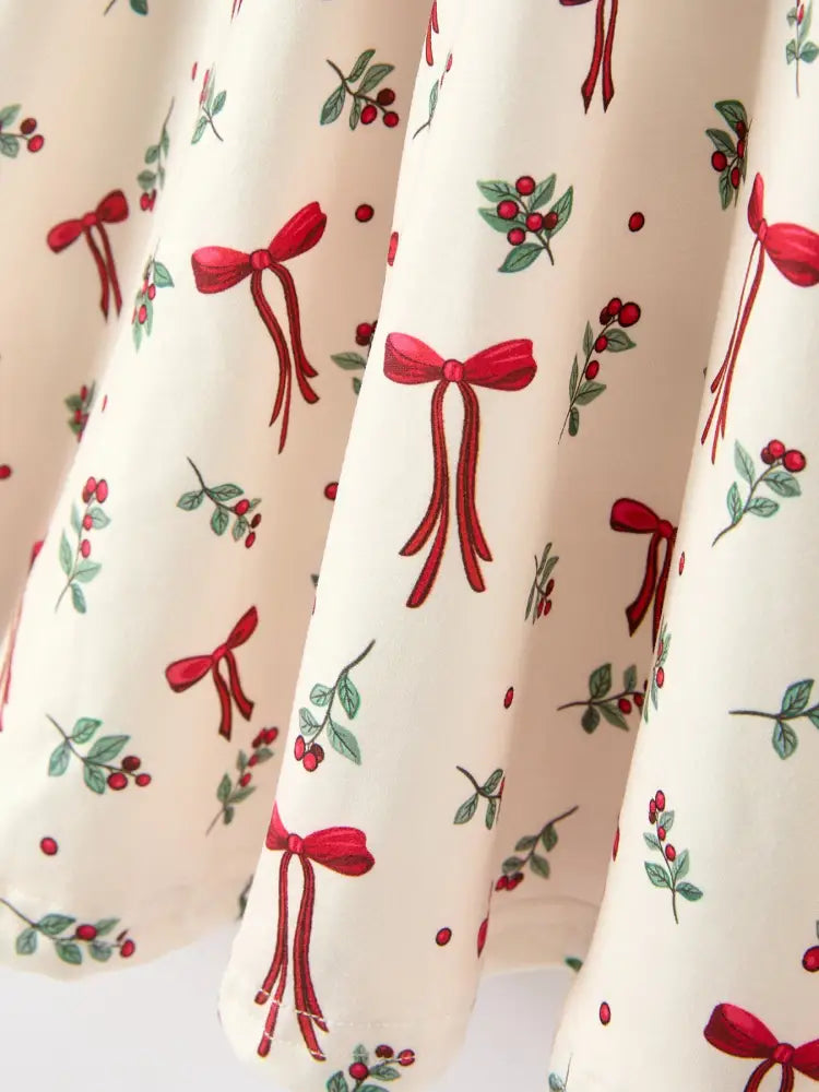 Girls Christmas Bow & Berry Print Twirl Dress - Dress