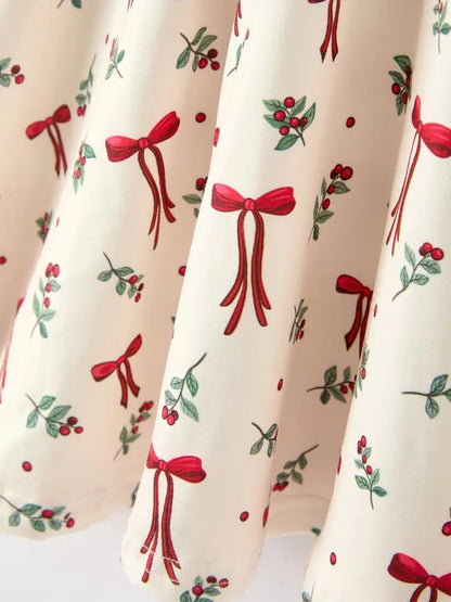 Girls Christmas Bow & Berry Print Twirl Dress - Dress