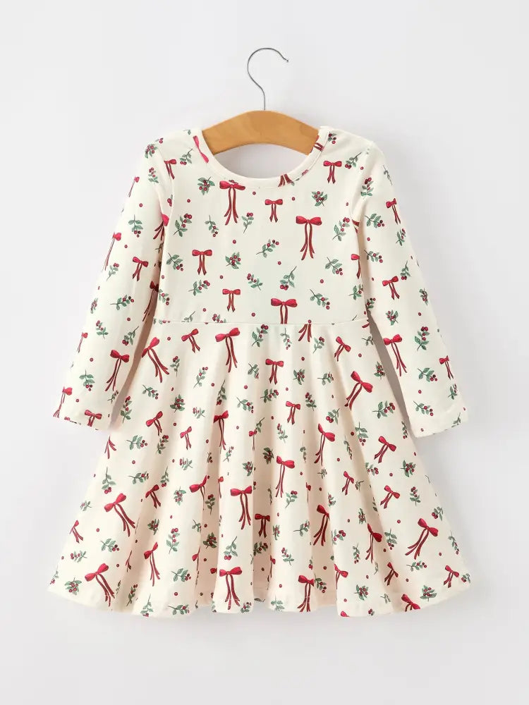 Girls Christmas Bow & Berry Print Twirl Dress - Dress