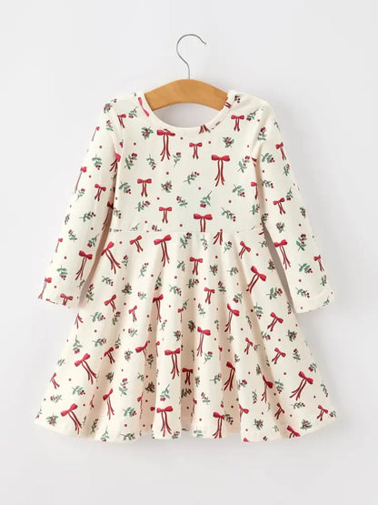 Girls Christmas Bow & Berry Print Twirl Dress - Dress