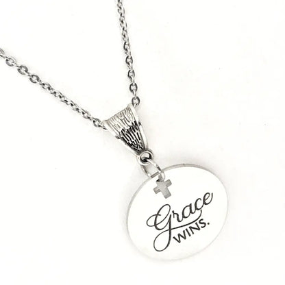 Grace Wins Stainless Steel Engraved Pendant Necklace With Cross Cutout By JKCE Designs - Necklaces