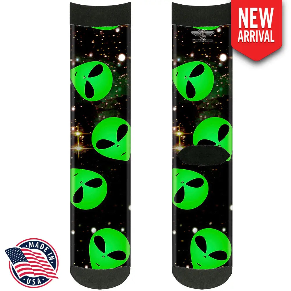 Sock Pair - Polyester - Aliens Head Scattered Galaxy2/Green/Black - CREW Socks