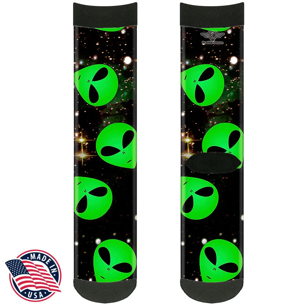 Sock Pair - Polyester - Aliens Head Scattered Galaxy2/Green/Black - CREW Socks