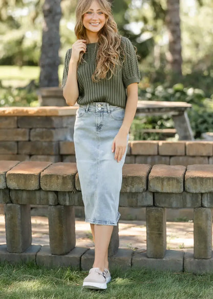 Greta Light Wash Midi Denim Skirt - FINAL SALE - IC Skirts