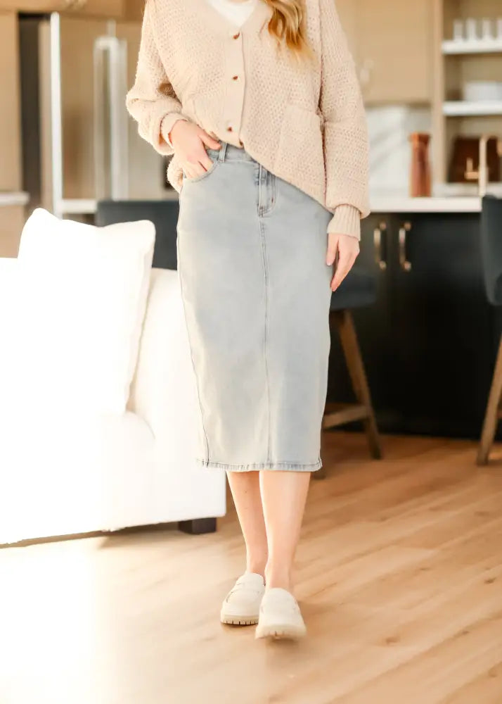 Greta Light Wash Midi Denim Skirt - FINAL SALE - IC Skirts