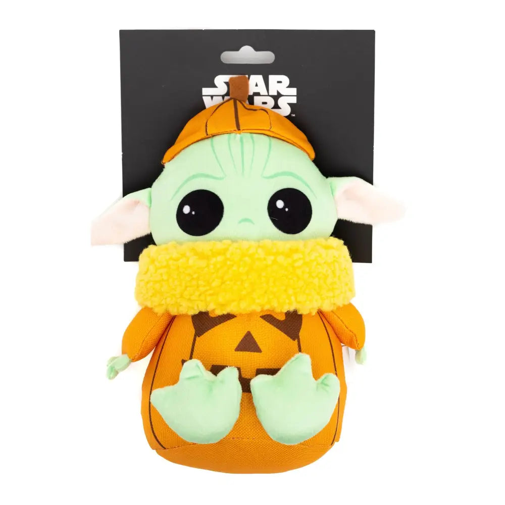 Dog Toy Squeaker Plush - Star Wars Halloween Grogu Pumpkin Sitting Pose Dog Toy Squeaky Plush