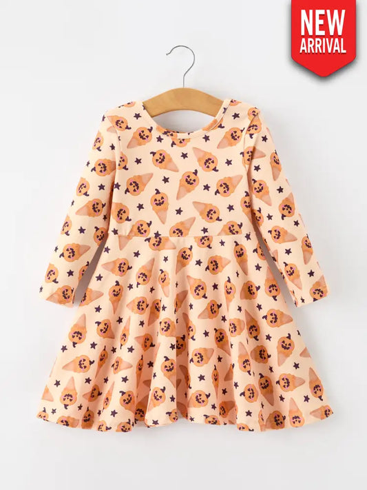 Halloween Pumpkin Girls Long Sleeve Dress - Dress