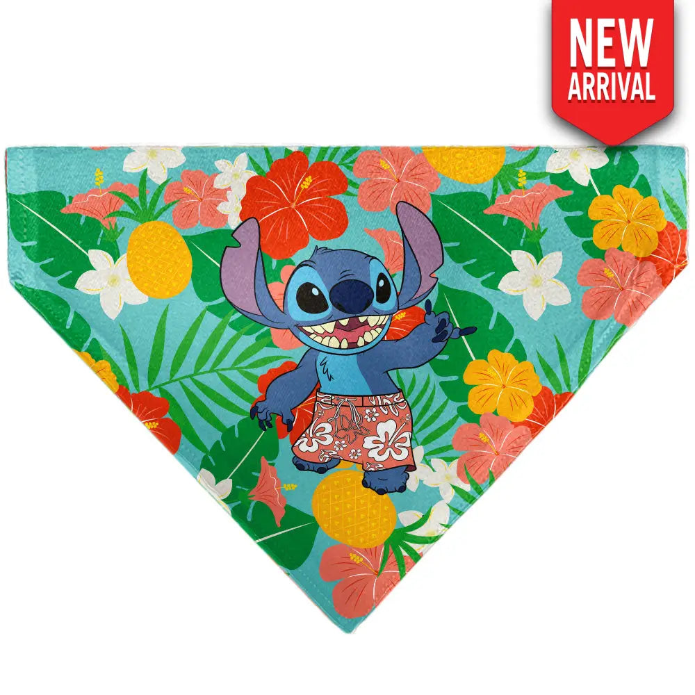 Pet Bandana - Lilo & Stitch Stitch Hang Loose Pose Floral Collage Blue Pet Bandanas