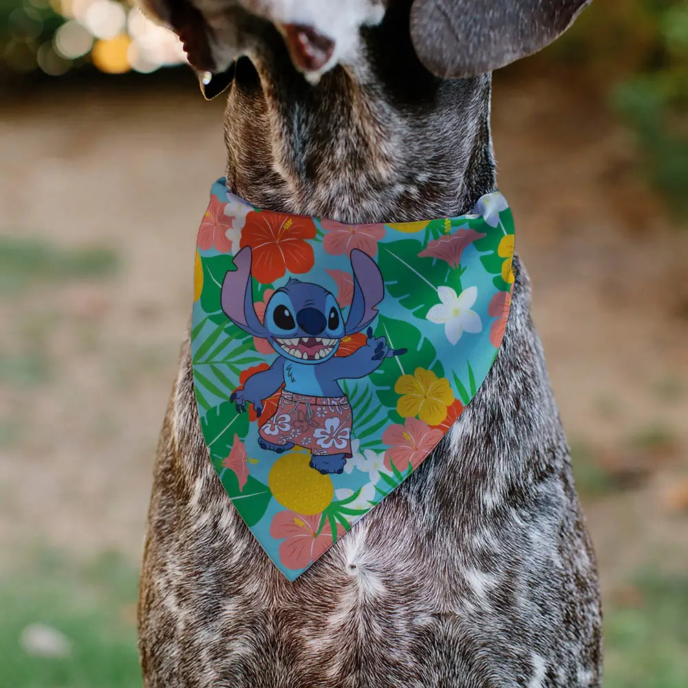Pet Bandana - Lilo & Stitch Stitch Hang Loose Pose Floral Collage Blue Pet Bandanas
