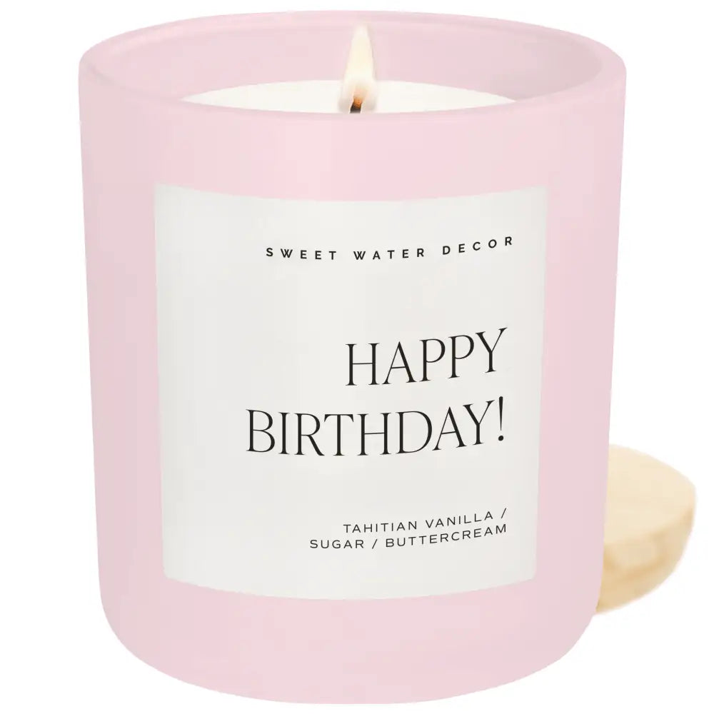 Happy Birthday Soy Candle - Pink Matte Jar - 15 oz (Vanilla Buttercream) - Candles