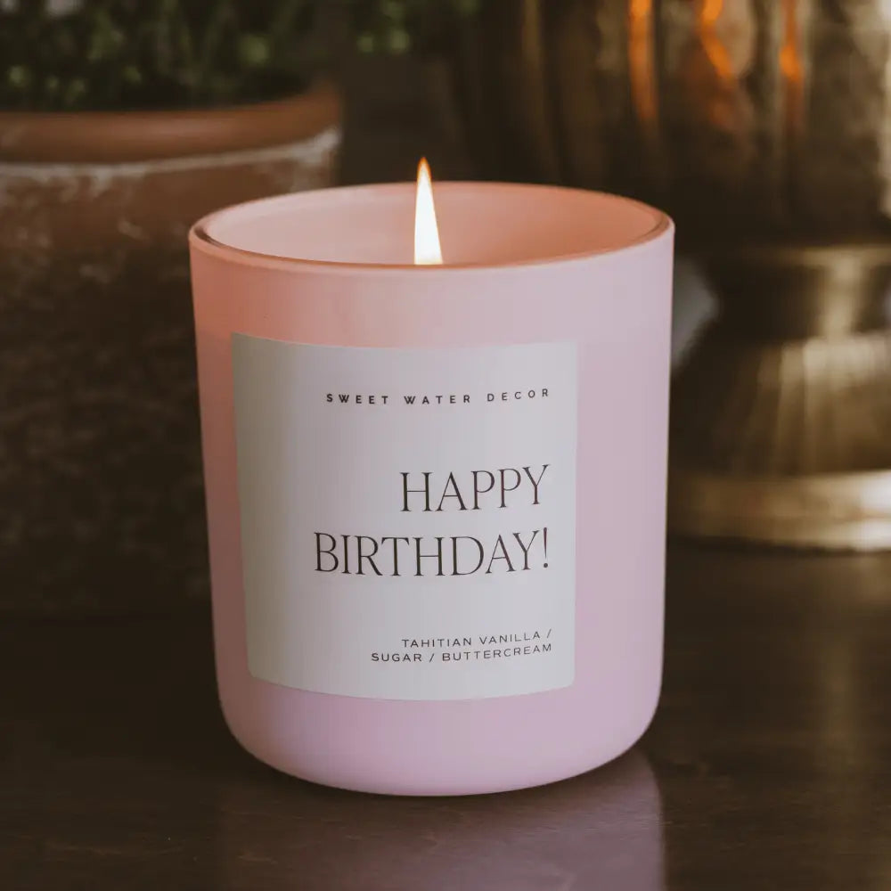 Happy Birthday Soy Candle - Pink Matte Jar - 15 oz (Vanilla Buttercream) - Candles