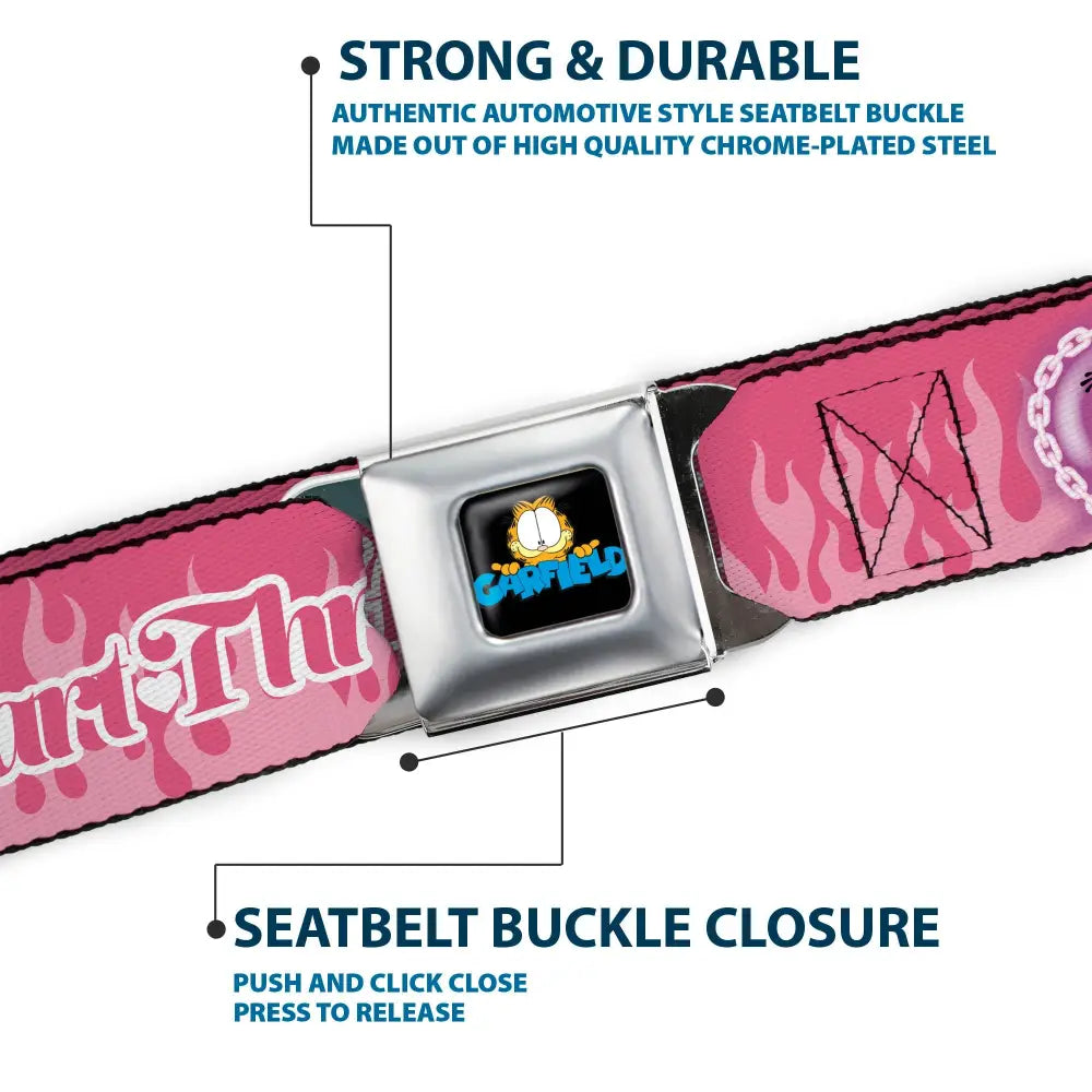 Garfield Smiling Face and Text Logo Full Color Black Seatbelt Belt - Garfield HEART THROB Flames Pose Valentine Pinks
