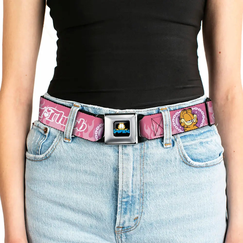 Garfield Smiling Face and Text Logo Full Color Black Seatbelt Belt - Garfield HEART THROB Flames Pose Valentine Pinks
