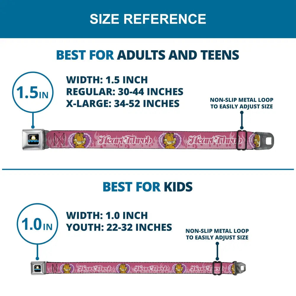 Garfield Smiling Face and Text Logo Full Color Black Seatbelt Belt - Garfield HEART THROB Flames Pose Valentine Pinks