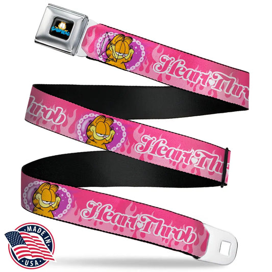 Garfield Smiling Face and Text Logo Full Color Black Seatbelt Belt - Garfield HEART THROB Flames Pose Valentine Pinks