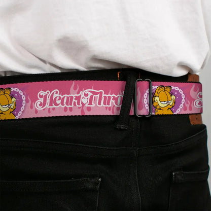 Garfield Smiling Face and Text Logo Full Color Black Seatbelt Belt - Garfield HEART THROB Flames Pose Valentine Pinks