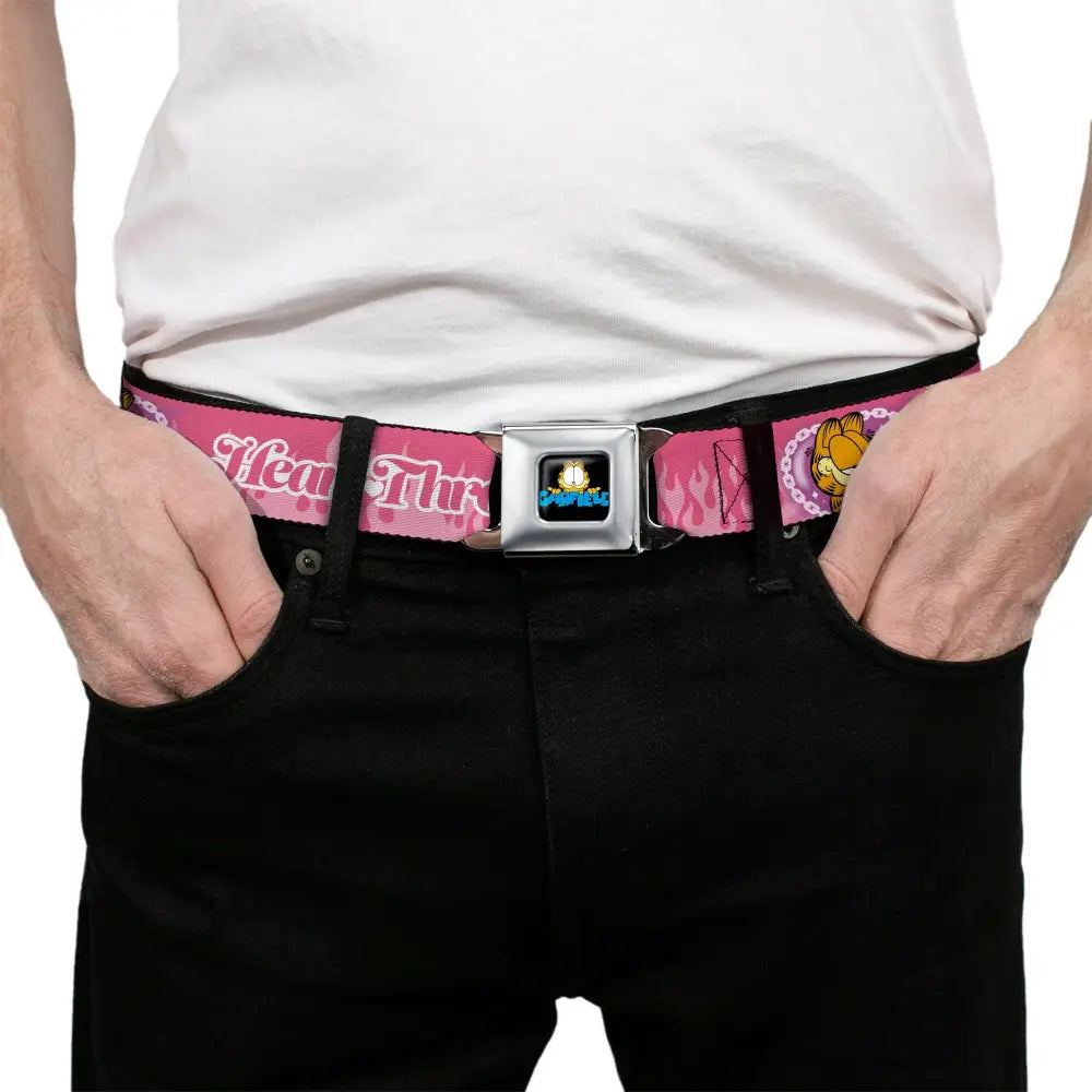 Garfield Smiling Face and Text Logo Full Color Black Seatbelt Belt - Garfield HEART THROB Flames Pose Valentine Pinks