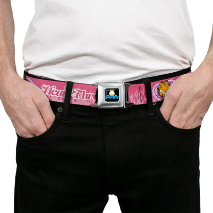 Garfield Smiling Face and Text Logo Full Color Black Seatbelt Belt - Garfield HEART THROB Flames Pose Valentine Pinks