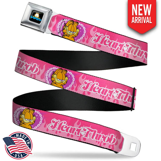 Garfield Smiling Face and Text Logo Full Color Black Seatbelt Belt - Garfield HEART THROB Flames Pose Valentine Pinks
