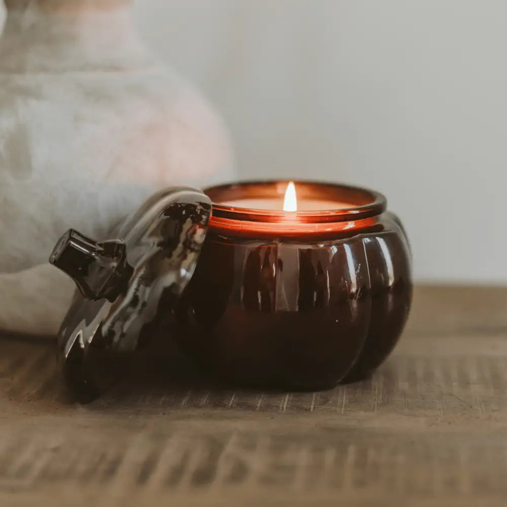Hello Fall Soy Candle - Amber Glass Pumpkin Jar - 20 oz - Candles