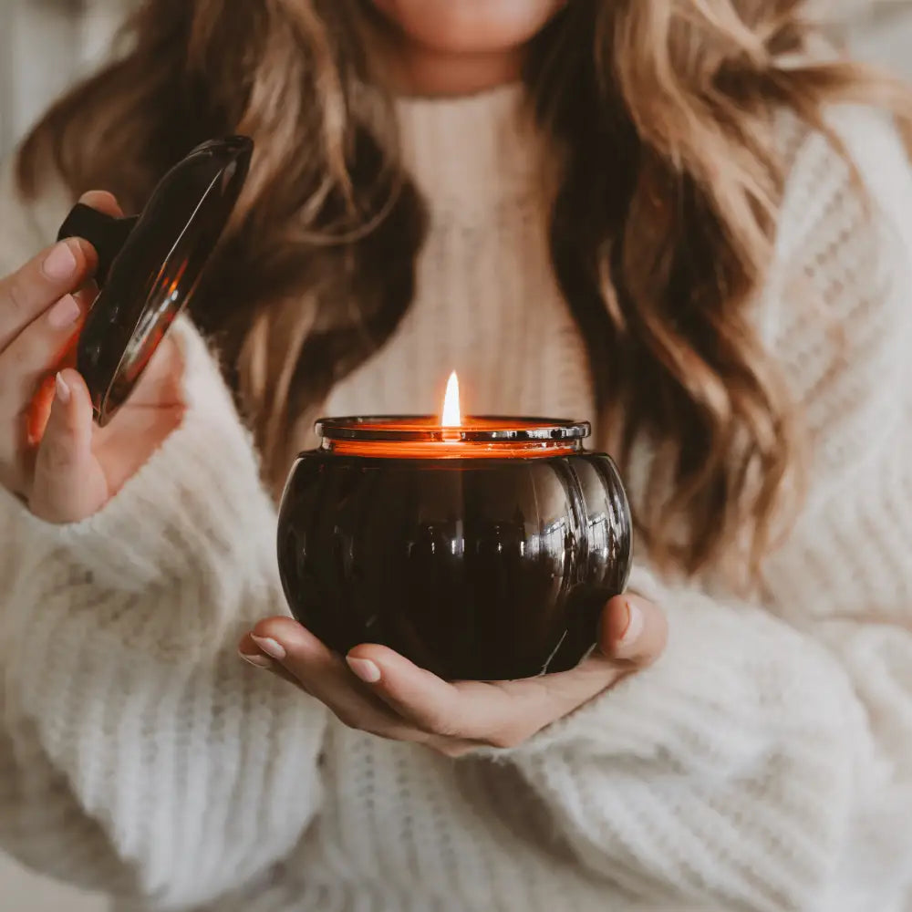 Hello Fall Soy Candle - Amber Glass Pumpkin Jar - 20 oz - Candles