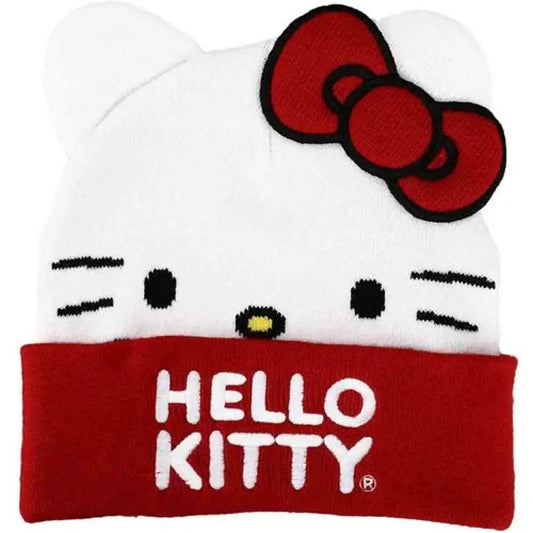 Hello Kitty Face (With Ears & Bow) Embroidered Cuff Beanie Hat Hats