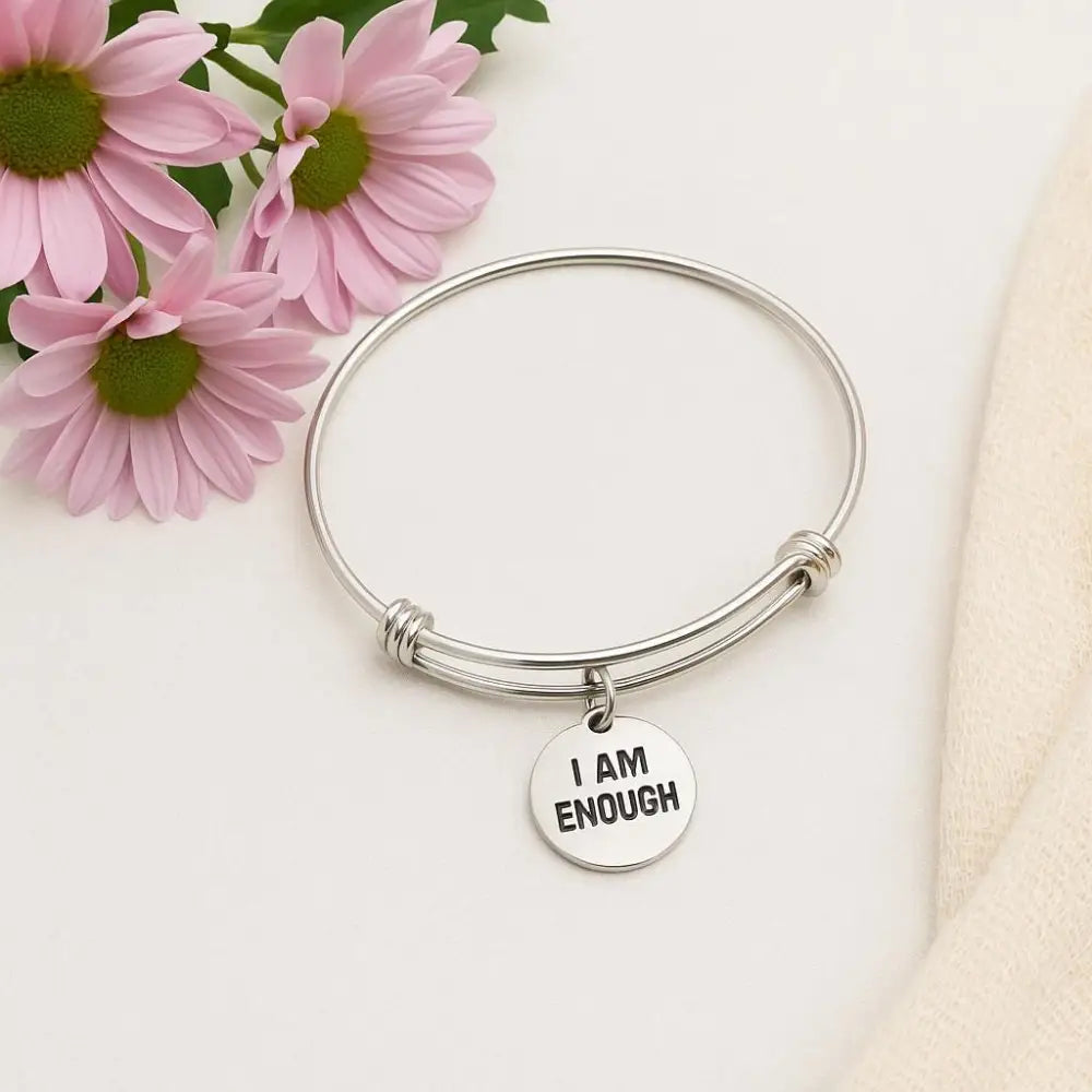I Am Enough Bracelet Stainless Steel Adjustable Bangle With 19mm Round Charm Inspirational Jewelry Self Love Gift For