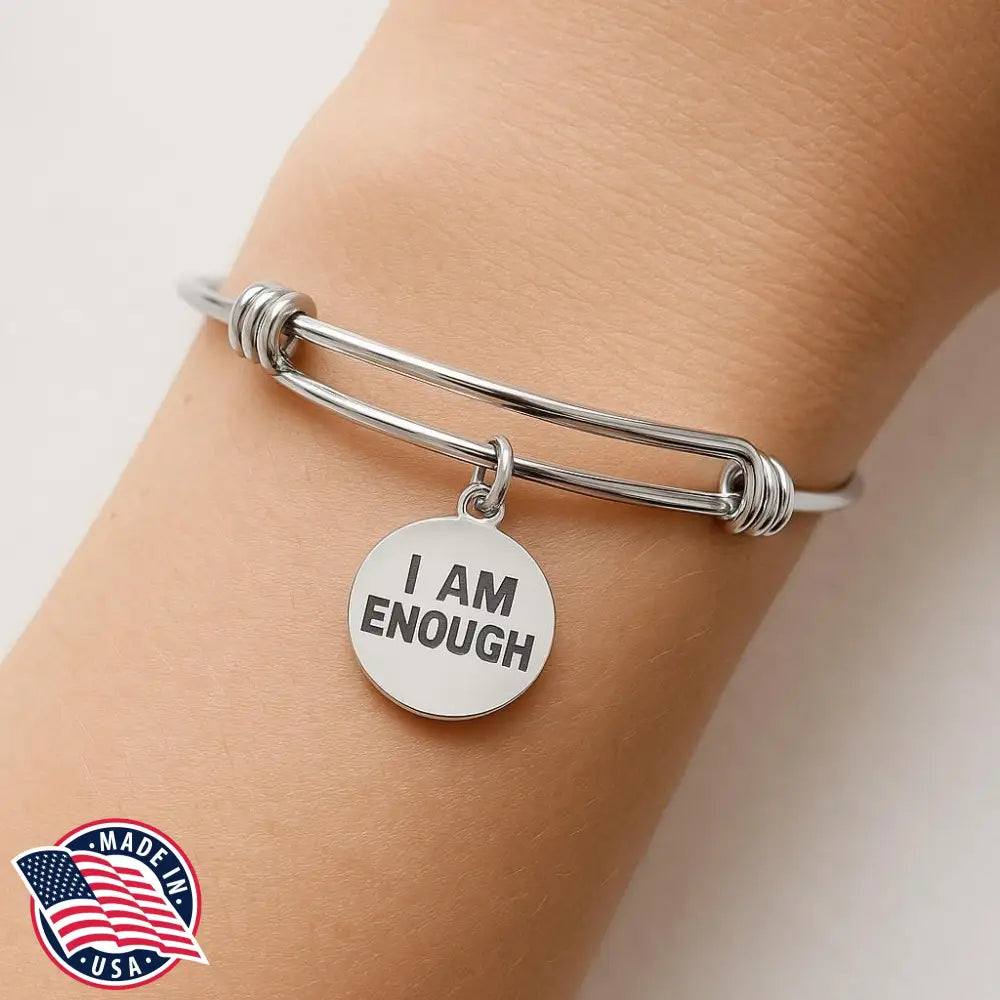 I Am Enough Bracelet Stainless Steel Adjustable Bangle With 19mm Round Charm Inspirational Jewelry Self Love Gift For