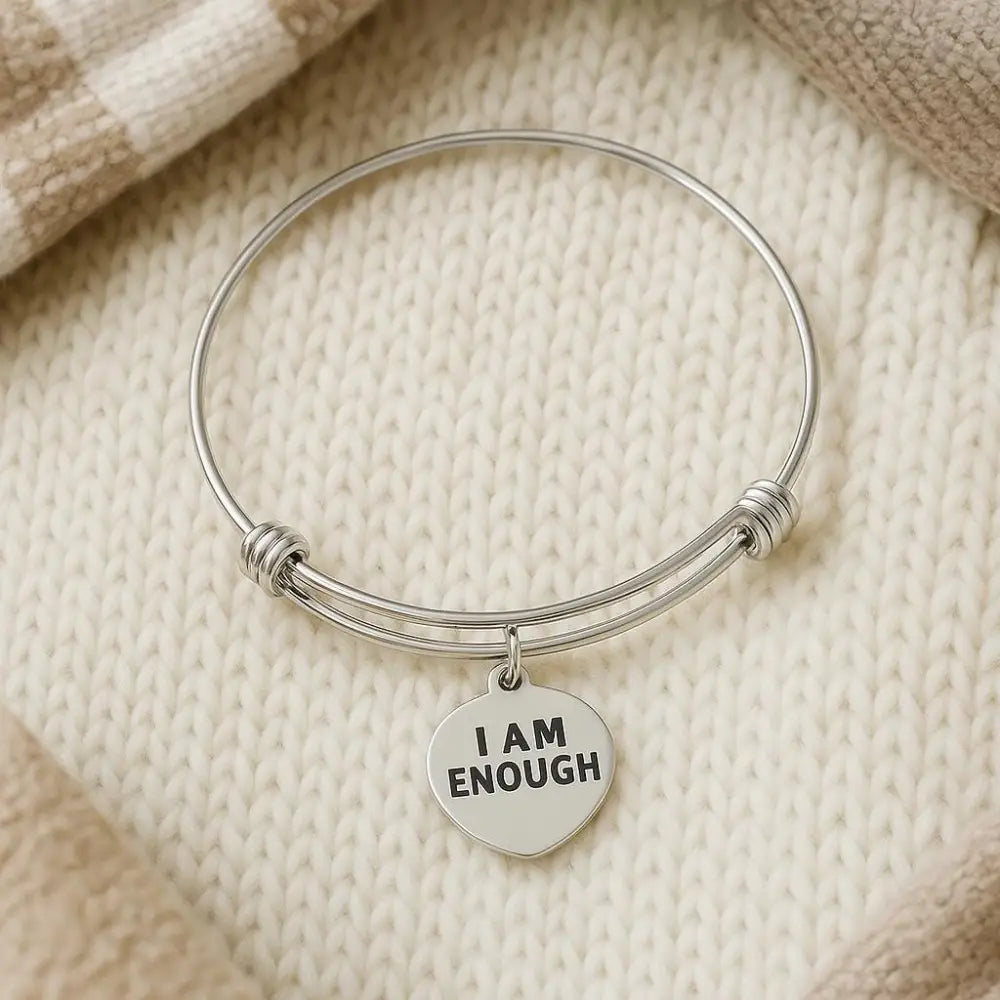 I Am Enough Bracelet Stainless Steel Adjustable Bangle With 19mm Round Charm Inspirational Jewelry Self Love Gift For