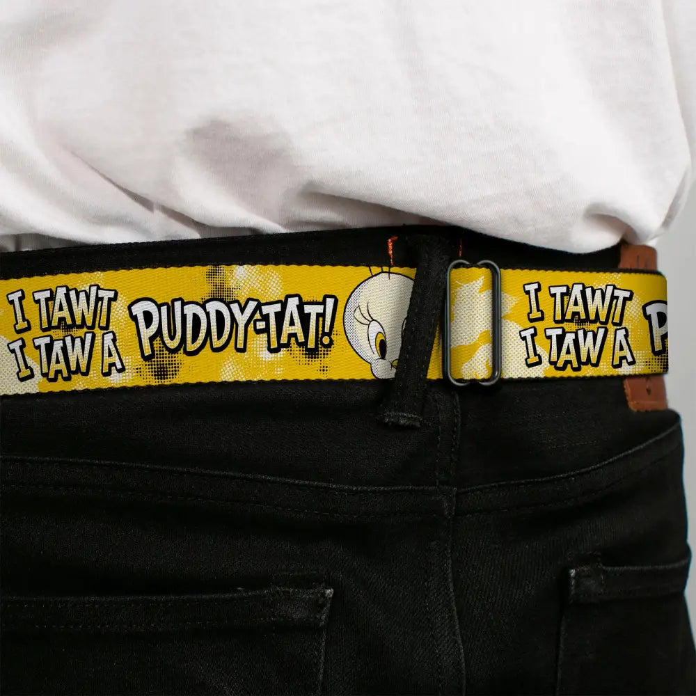 LOONEY TUNES Bullseye Title Logo Full Color White Seatbelt Belt - Looney Tunes Tweety I TAWT I TAW A PUDDY-TAT