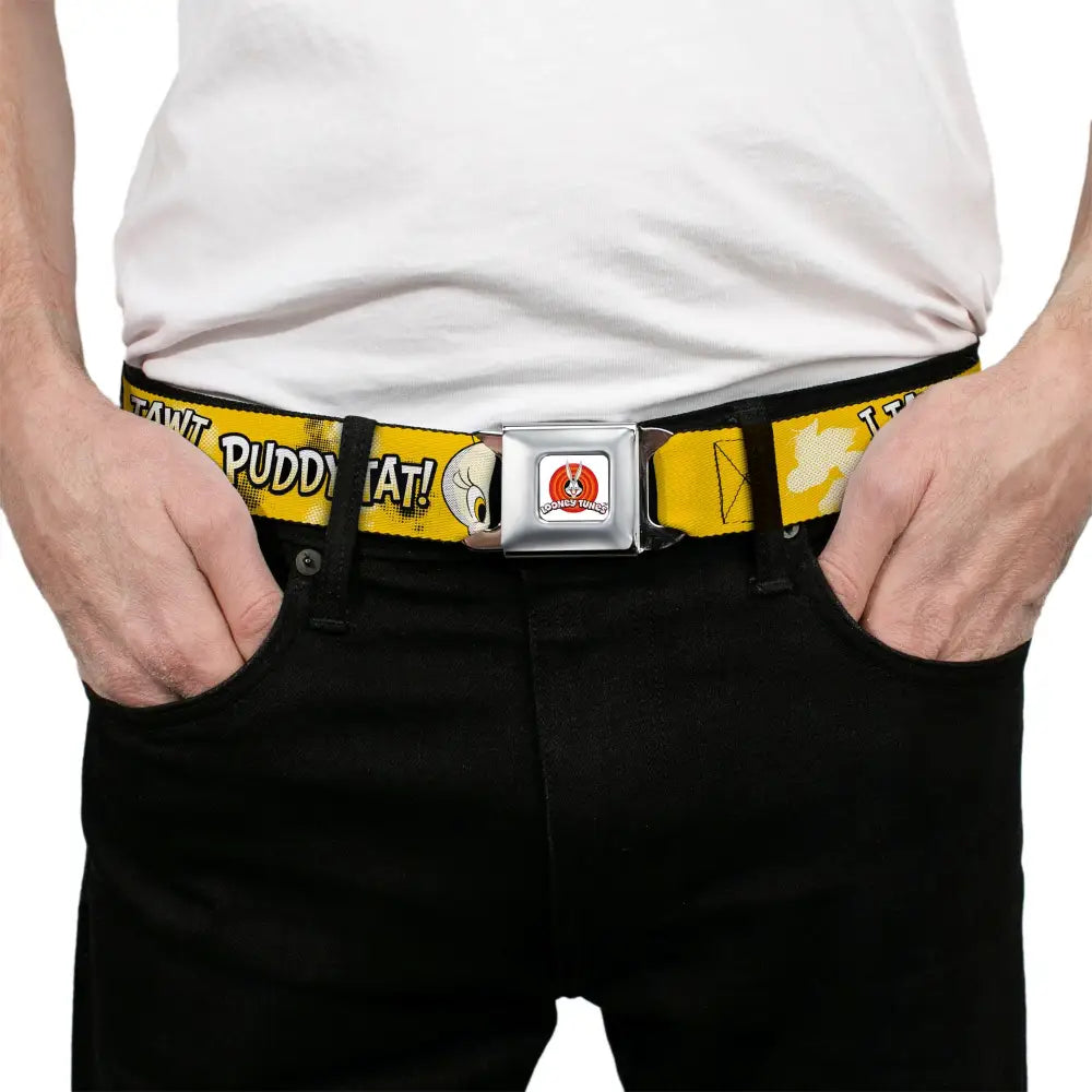 LOONEY TUNES Bullseye Title Logo Full Color White Seatbelt Belt - Looney Tunes Tweety I TAWT I TAW A PUDDY-TAT