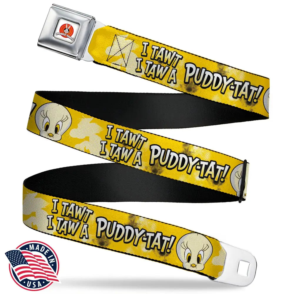 LOONEY TUNES Bullseye Title Logo Full Color White Seatbelt Belt - Looney Tunes Tweety I TAWT I TAW A PUDDY-TAT