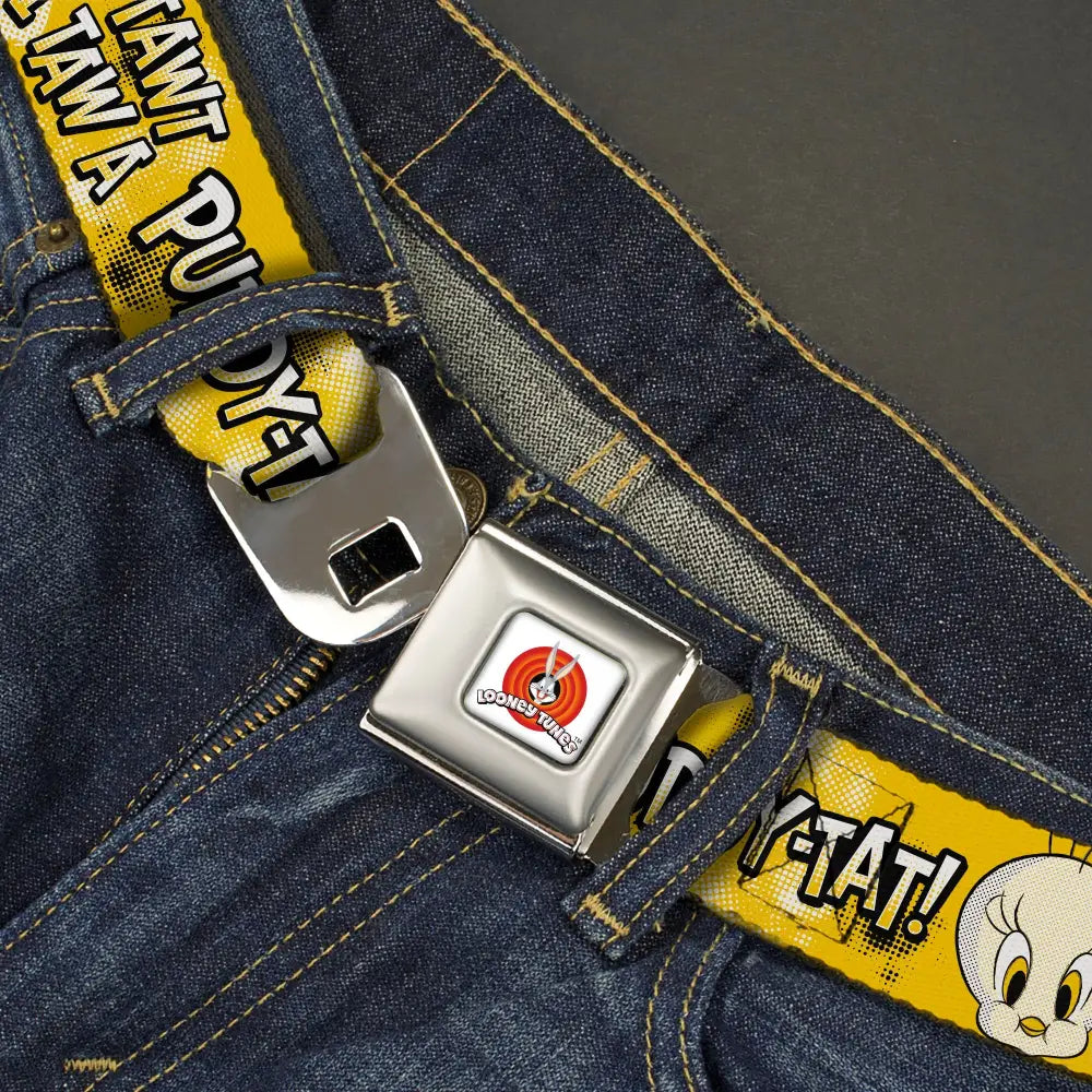 LOONEY TUNES Bullseye Title Logo Full Color White Seatbelt Belt - Looney Tunes Tweety I TAWT I TAW A PUDDY-TAT