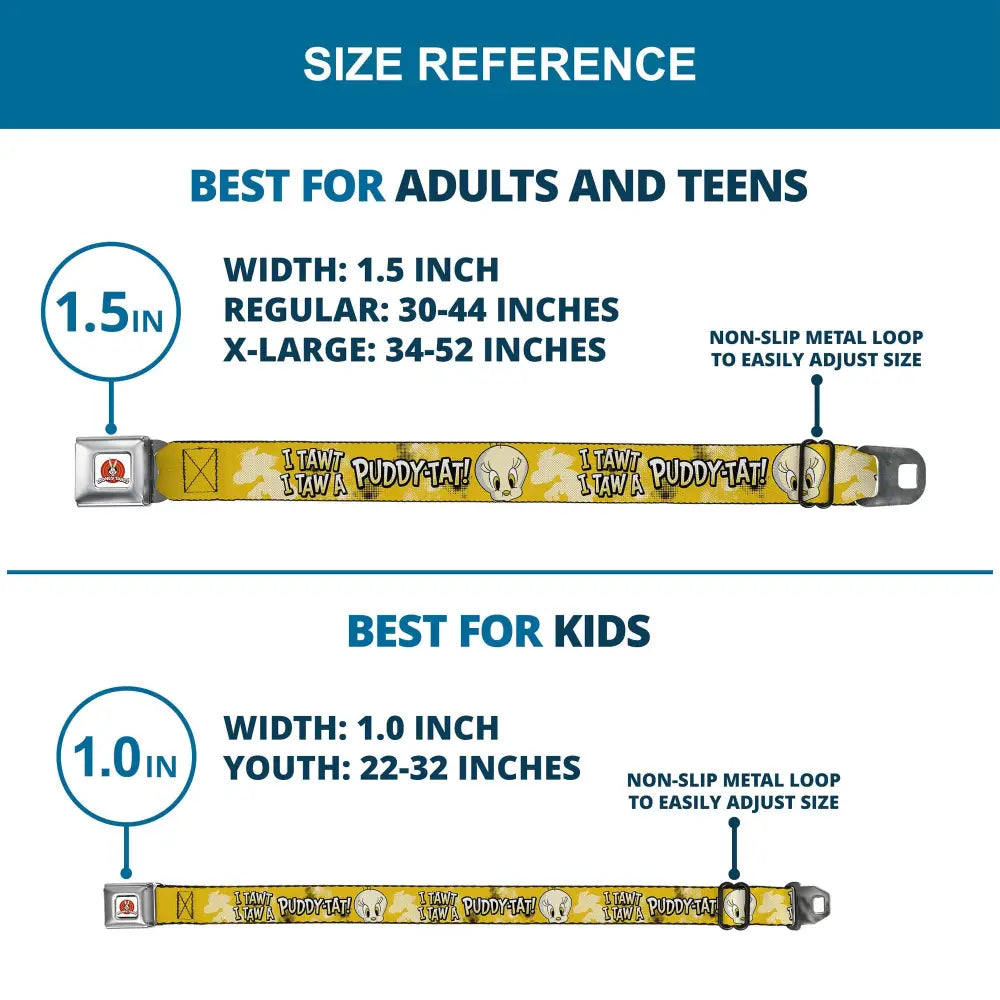 LOONEY TUNES Bullseye Title Logo Full Color White Seatbelt Belt - Looney Tunes Tweety I TAWT I TAW A PUDDY-TAT