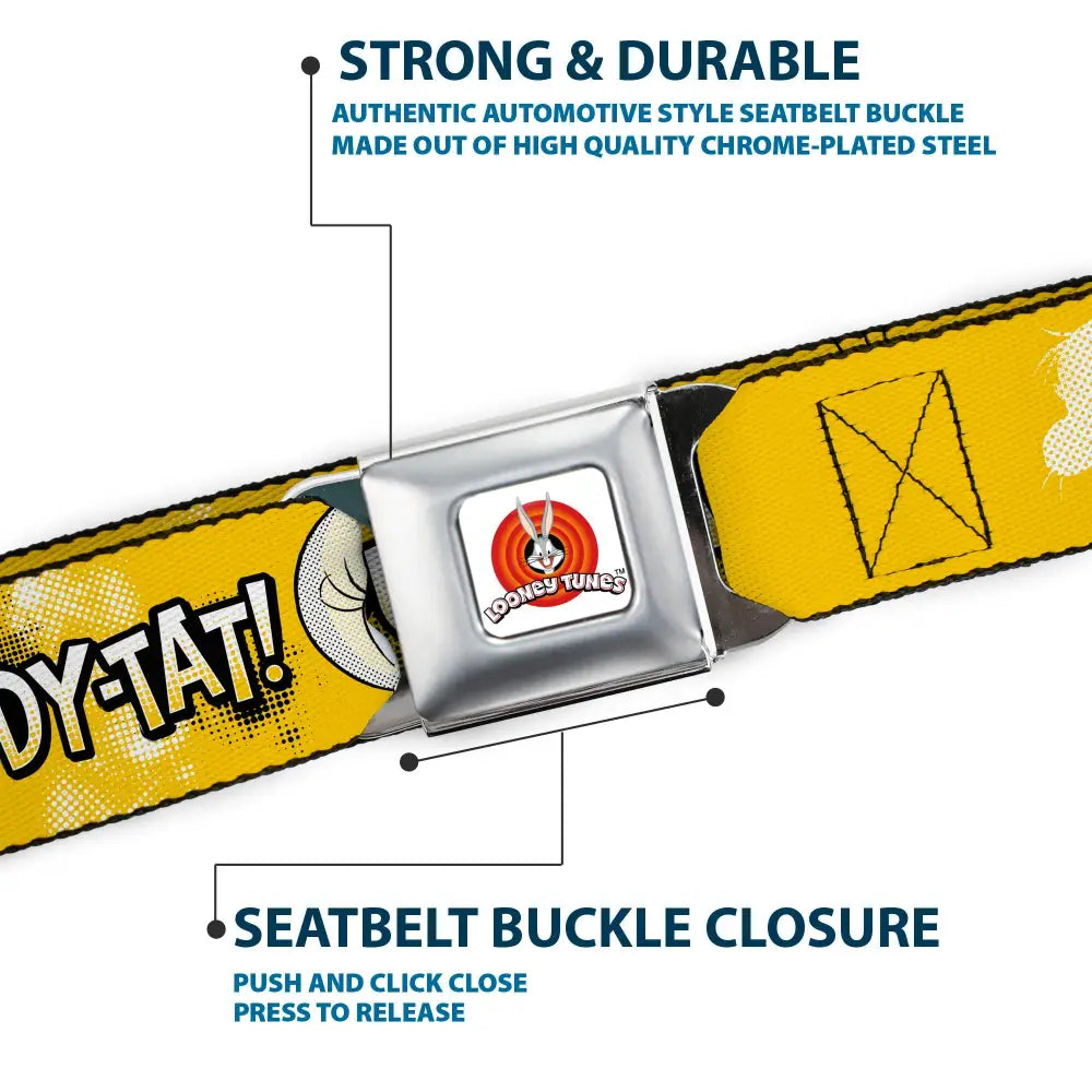 LOONEY TUNES Bullseye Title Logo Full Color White Seatbelt Belt - Looney Tunes Tweety I TAWT I TAW A PUDDY-TAT