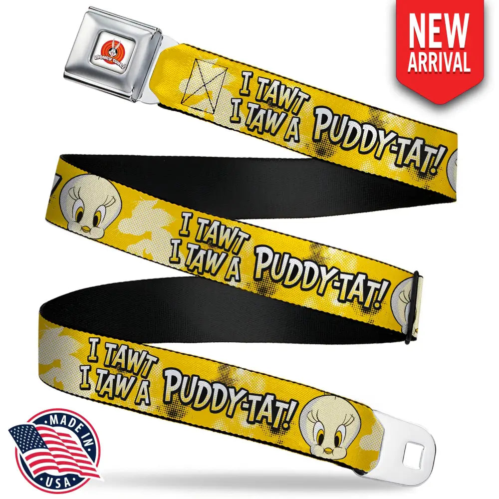 LOONEY TUNES Bullseye Title Logo Full Color White Seatbelt Belt - Looney Tunes Tweety I TAWT I TAW A PUDDY-TAT