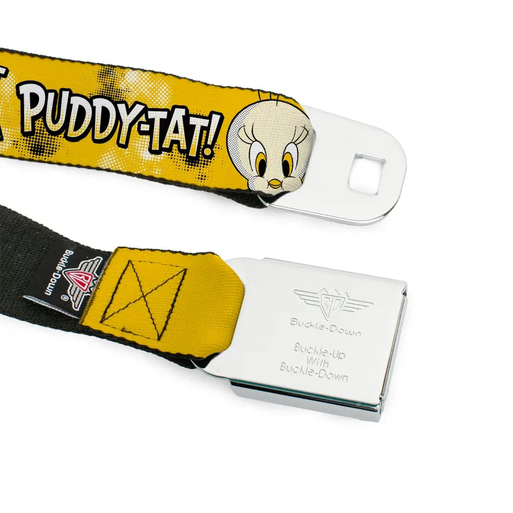 LOONEY TUNES Bullseye Title Logo Full Color White Seatbelt Belt - Looney Tunes Tweety I TAWT I TAW A PUDDY-TAT