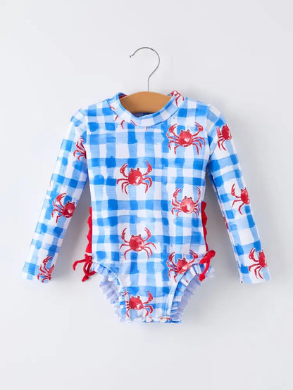 Summer Crab Girl Long Sleeve Ruffle One Piece Swimsuit - Swimsuit