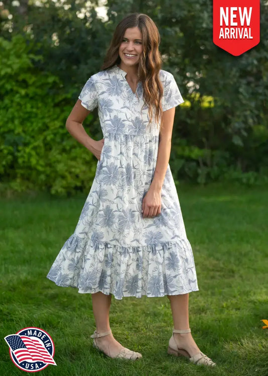 Jaydrien Blue Floral Short Sleeve Midi Dress IC Dresses