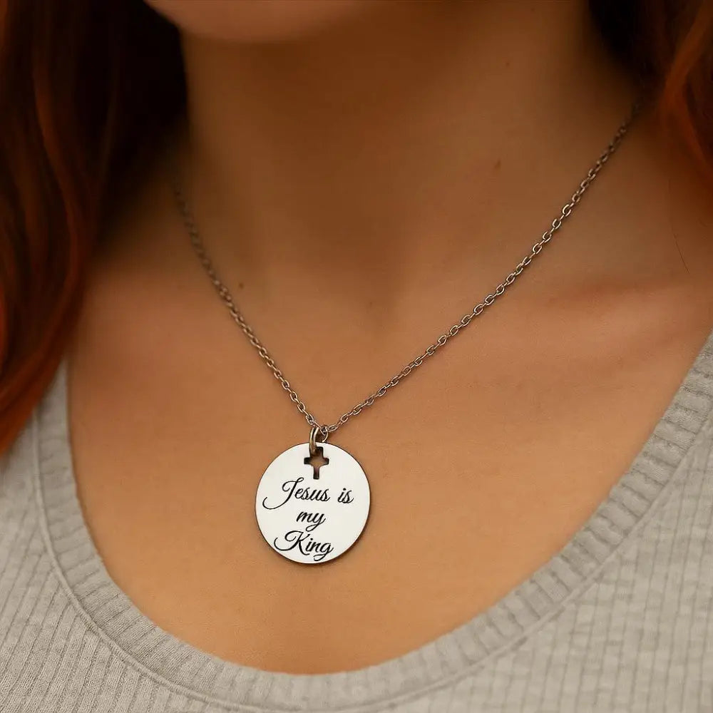 Jesus Is My King Necklace Stainless Steel Engraved Pendant With Cross Cut Out Christian Faith Jewelry From JKCE Designs