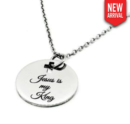 Jesus Is My King Necklace Stainless Steel Engraved Pendant With Cross Cut Out Christian Faith Jewelry From JKCE Designs