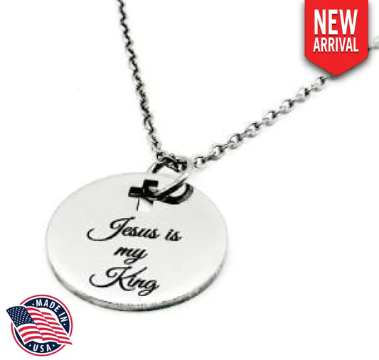 Jesus Is My King Necklace Stainless Steel Engraved Pendant With Cross Cut Out Christian Faith Jewelry From JKCE Designs