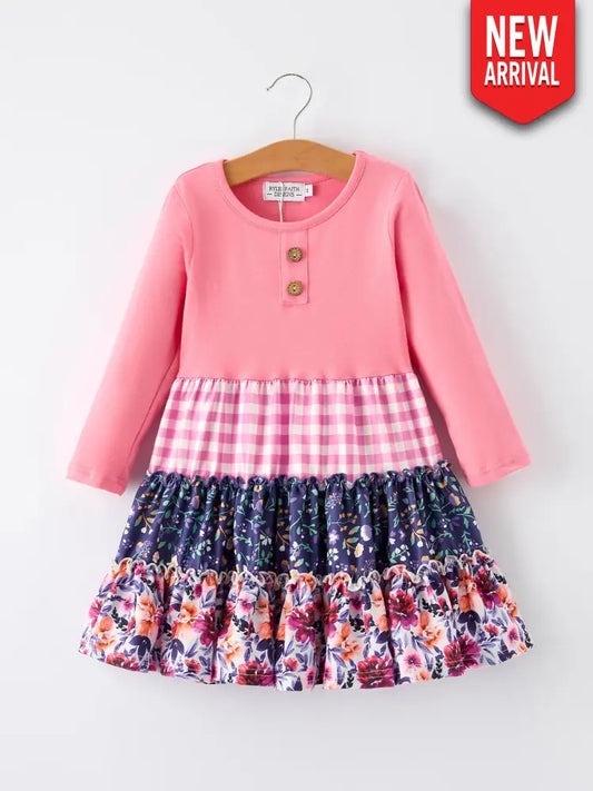 Pink Autumn Patchwork Floral & Plaid Long Sleeve Girls Dress Dress