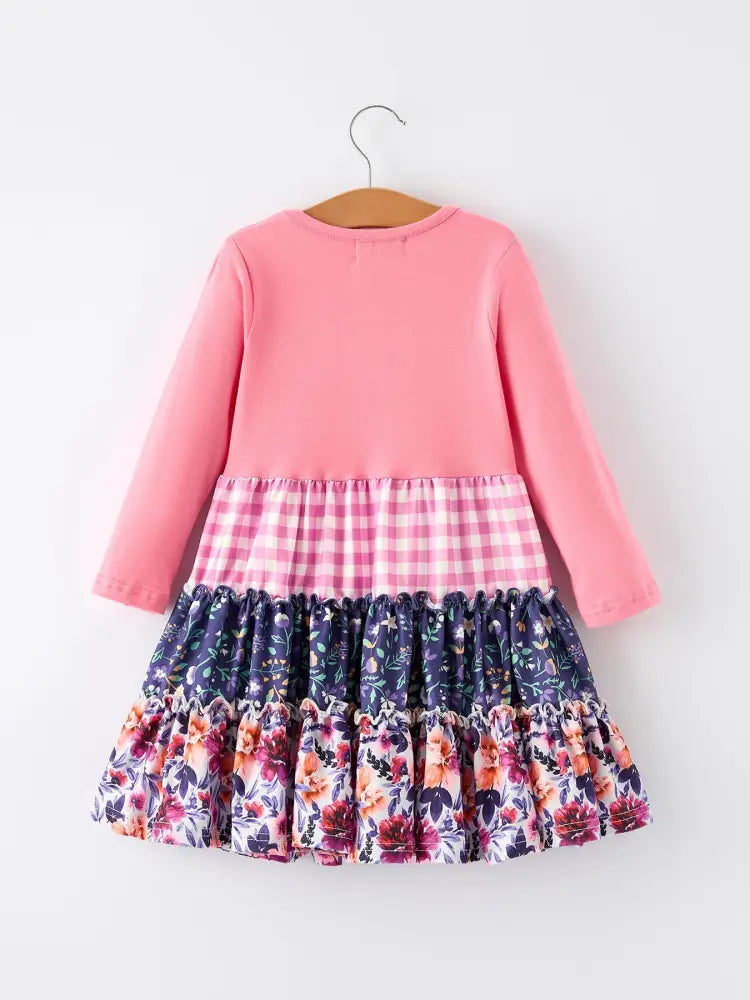 Pink Autumn Patchwork Floral & Plaid Long Sleeve Girls Dress Dress