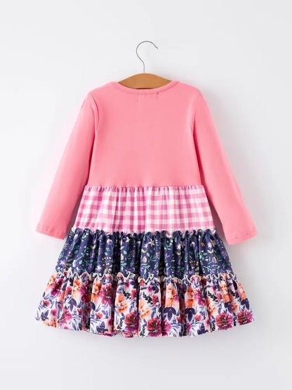 Pink Autumn Patchwork Floral & Plaid Long Sleeve Girls Dress Dress